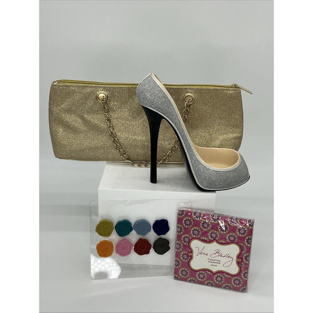 Lot of Wine Items Gold Bag/ Giltter High Heel Holder/ Glass Markers/ Napkins